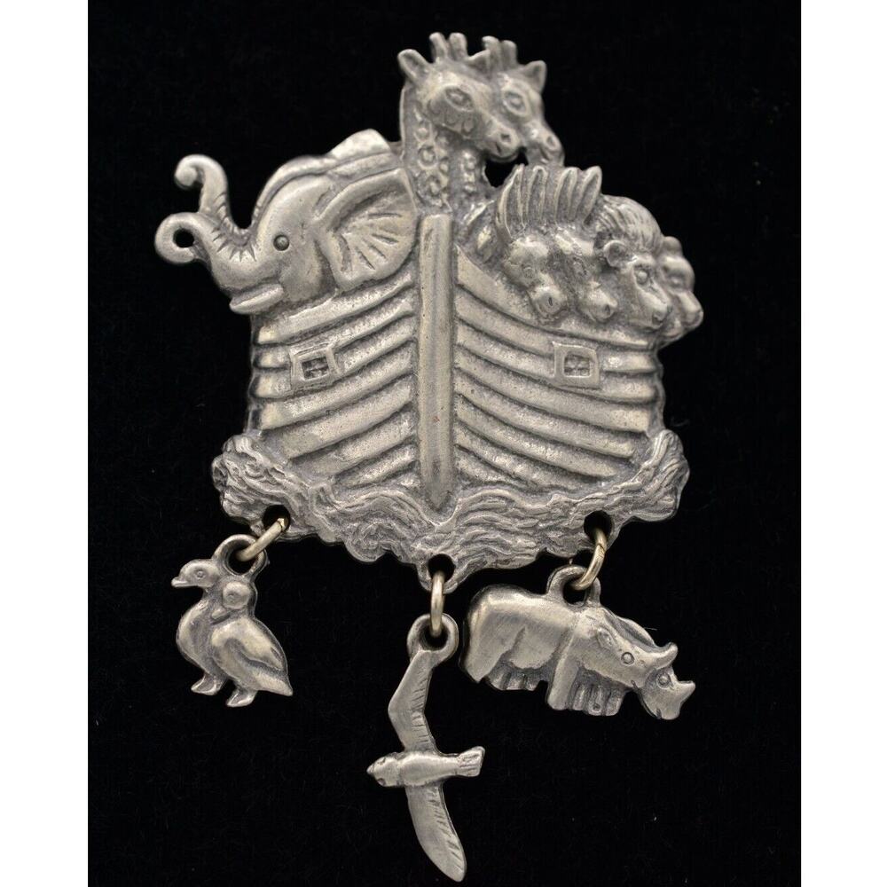 LCD Vintage Noah's Ark Pin Brooch Pewter Rustic Noah's Ark Dangle Signed BinAC